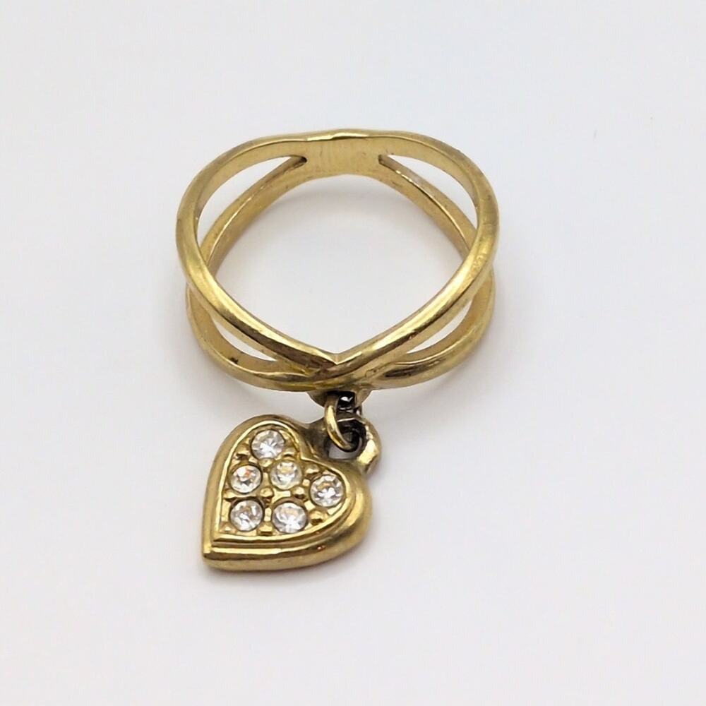 Vintage 90s AVON Gold Tone Cross Band Rhinestone Dangling Heart Ring Size 5